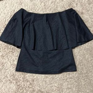 H&M off the shoulder ruffle cape navy and charcoal crosshatch top